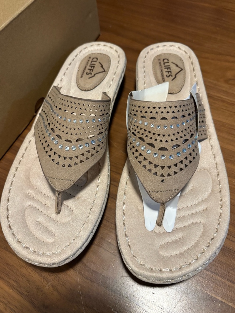 Cliffs by WHITE MOUNTAIN Taupe Laser-Cut Rhinestone Thong Sandals